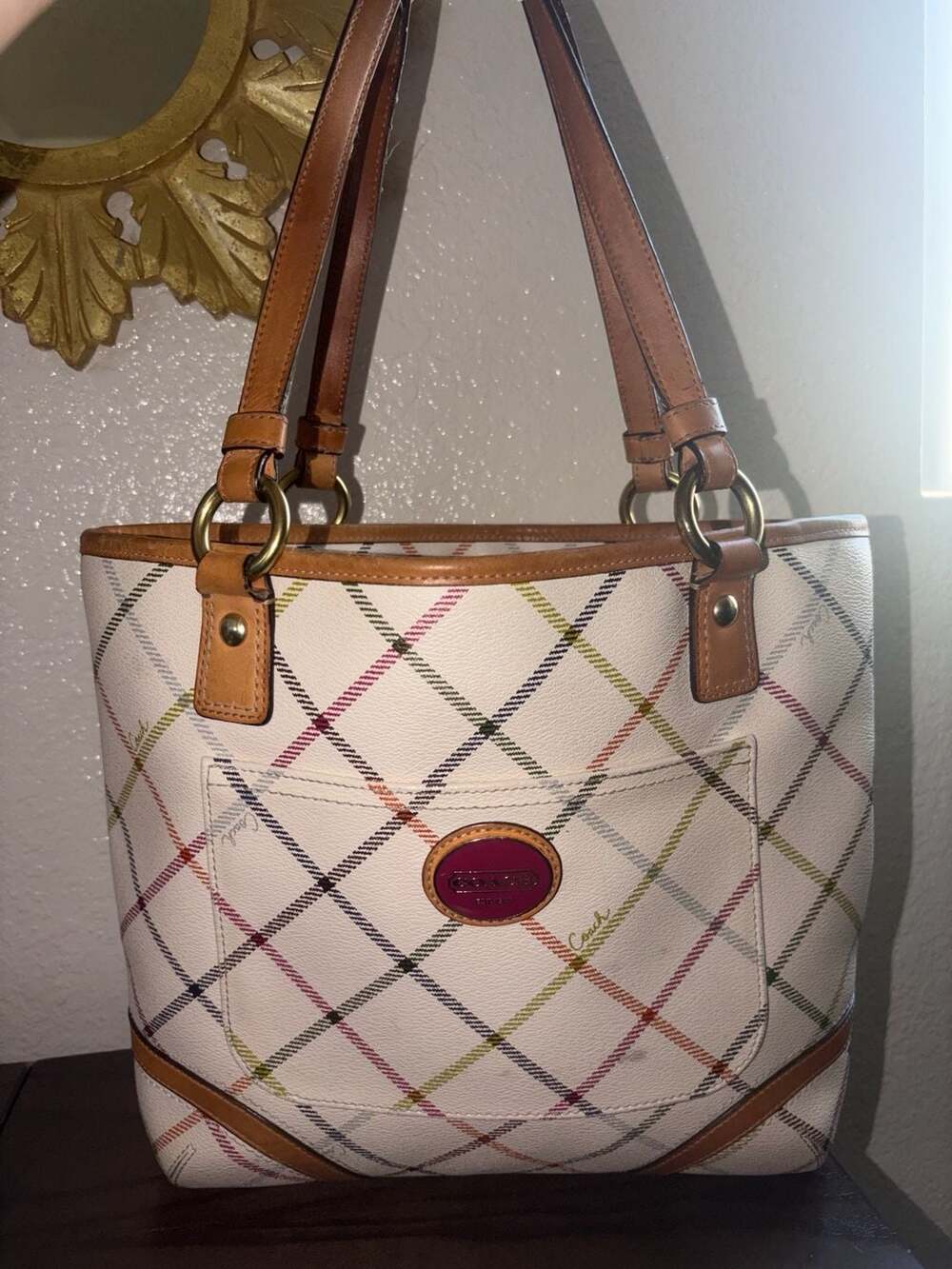 Coach Peyton Tattersall Tote Purse Handbag Ivory Plaid